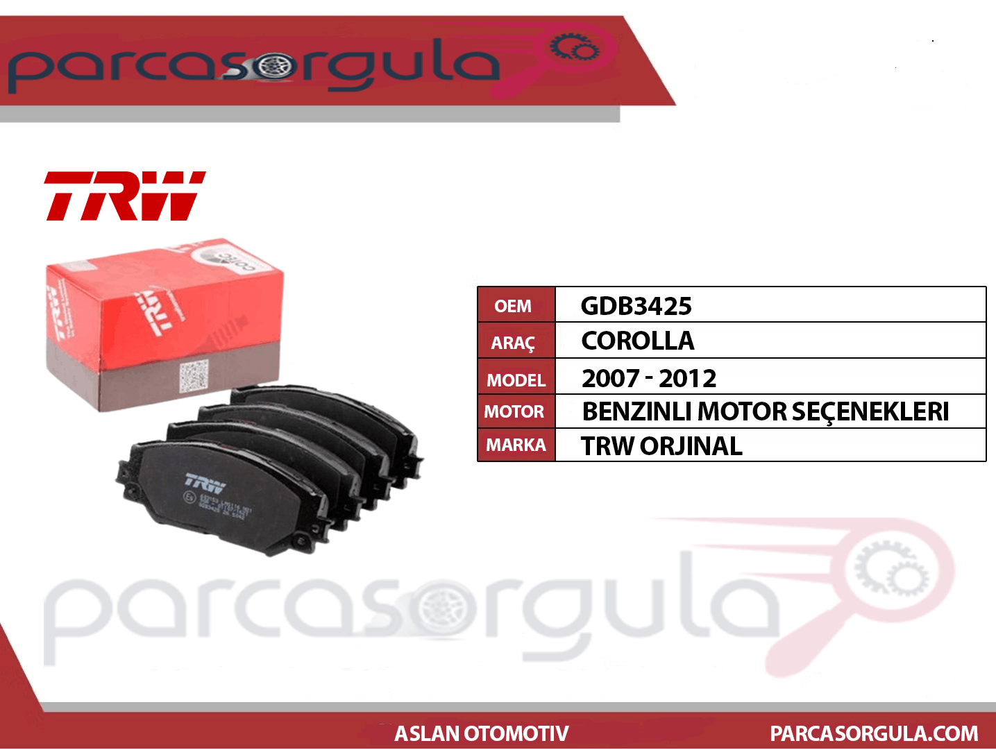 Trw Fren Balatası Ön Corolla Benzinli 2007-2012 (GDB3425)
