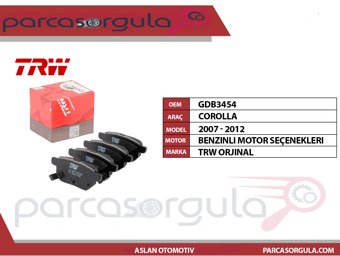 Trw Fren Balatası Arka Corolla Benzinli 2007-2012 (GDB3454)