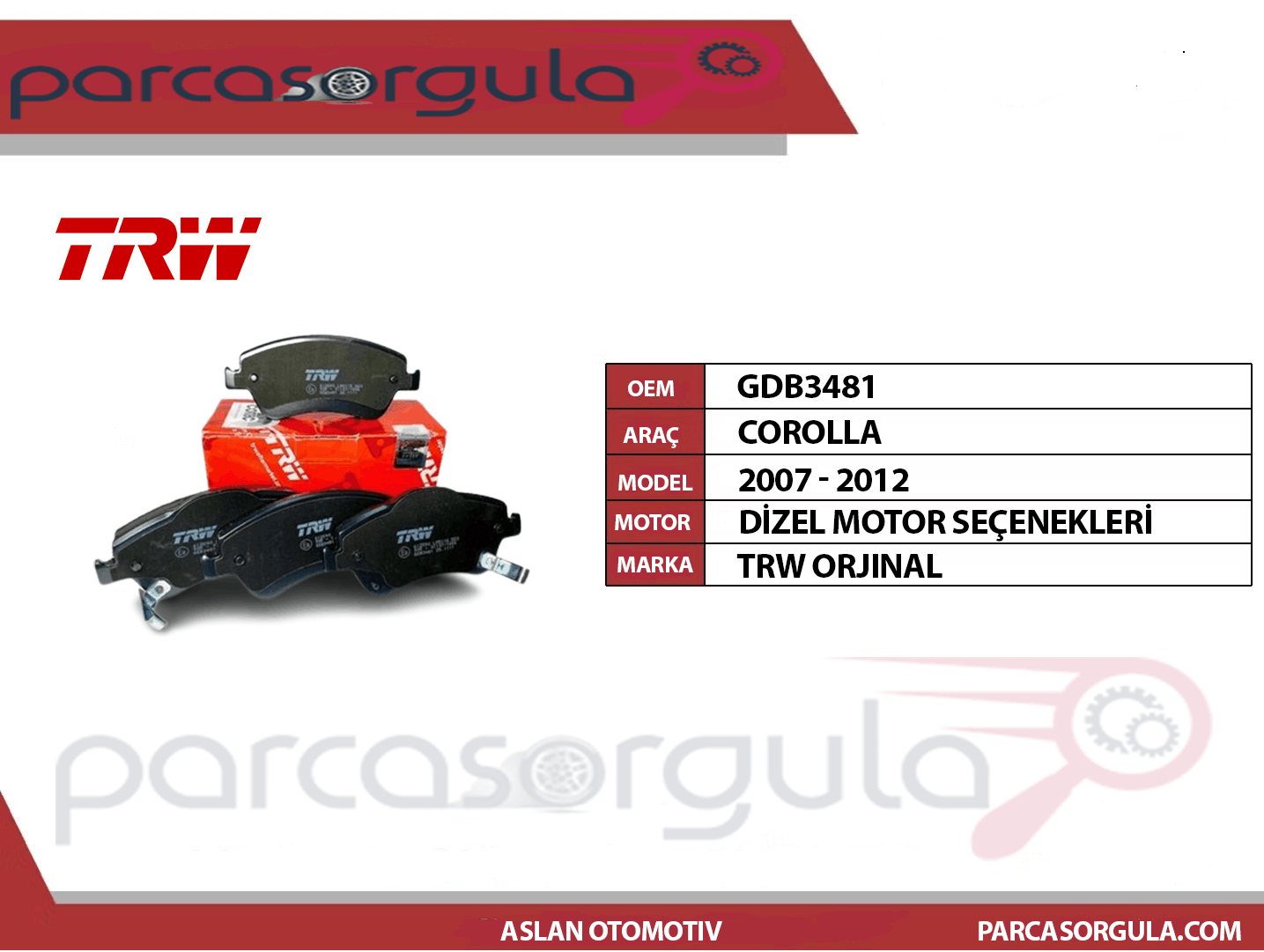 Trw Fren Balatası Ön Corolla Dizel 2007-2012 (GDB3481)